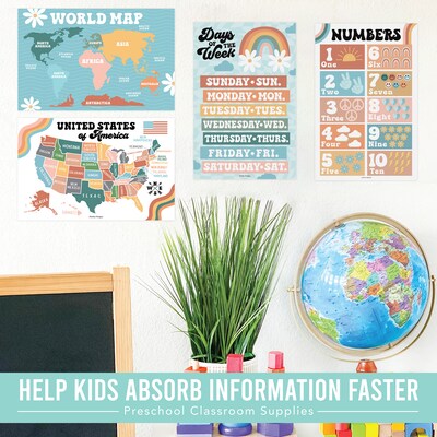 Hadley Designs 17" x 11" Retro Boho Preschool Educational Posters For Toddlers, Laminated, 16/Set (HDDX004ACFGE5)