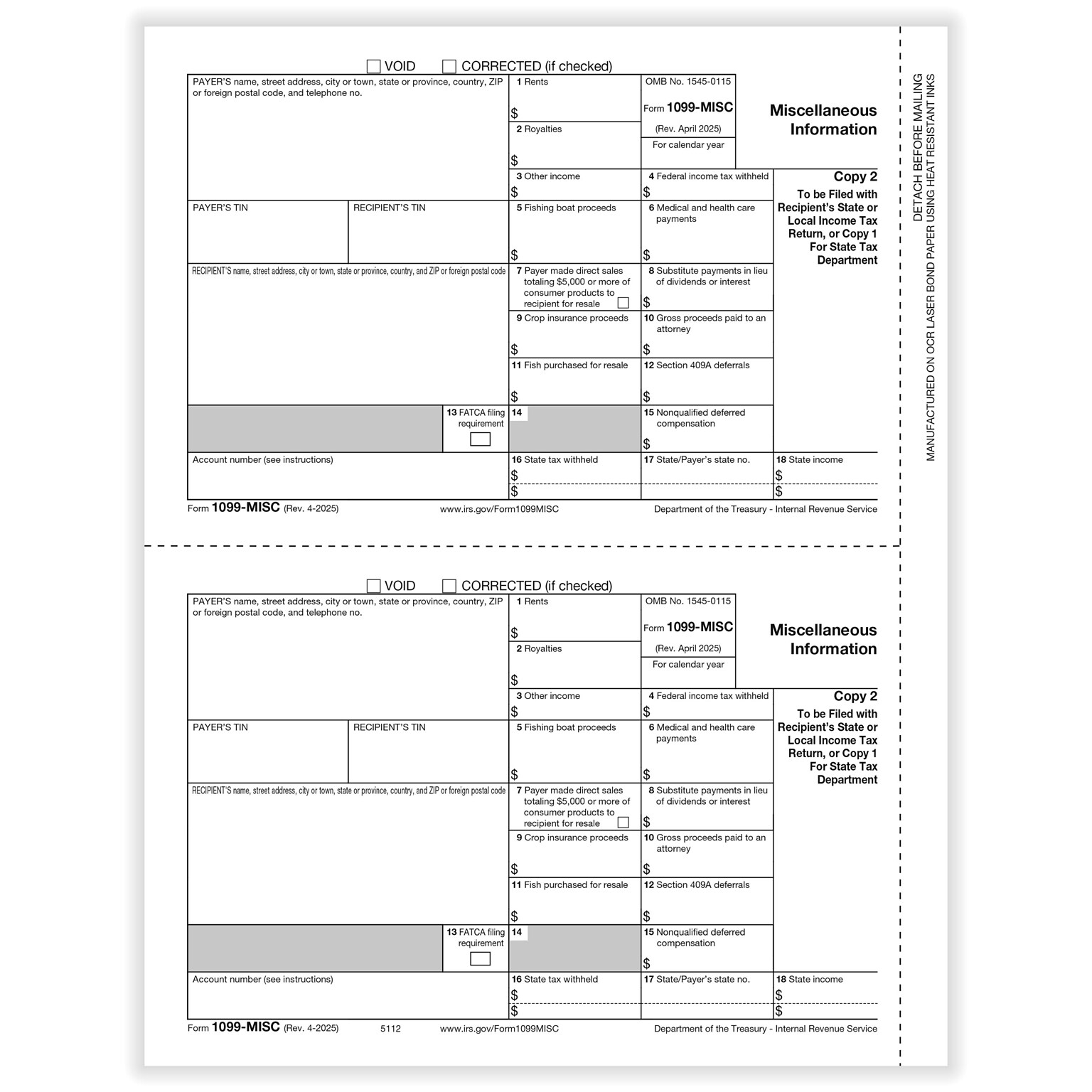 ComplyRight 2025 1099-MISC Tax Form, 1-Part, 2-Up, Payer Copy C, 50/Pack (511250)