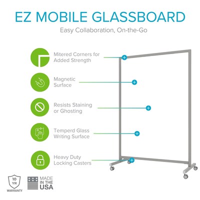 Ghent EZ Magnetic Glass Mobile Dry-Erase Whiteboard, Aluminum Frame, 75H x 62W, White (EZ1MA7562WH)