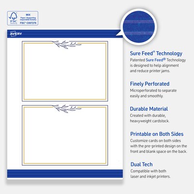 Avery Gold & Navy Border with Florals Matte Blank Card, White, 20/Pack (S00-DNS)