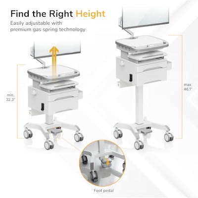 Mount-It! MedHub Powered Medical Cart with 2 Lockable Drawers, Monitor Arm, Scanner & Wipes Holders, White/Gray (MI-16066)