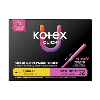 U by Kotex Click Regular Absorbency Compact Tampon, Plastic Applicator, Unscented, 32/Pack (51583)