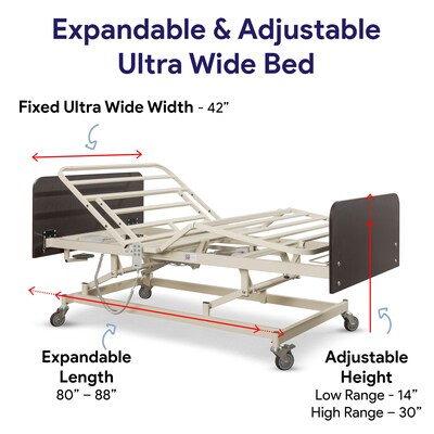 Medacure Super Low Electrical Bariatric Hospital Bed w/ 42 Foam Mattress, 8 Function Hand Pendant,
