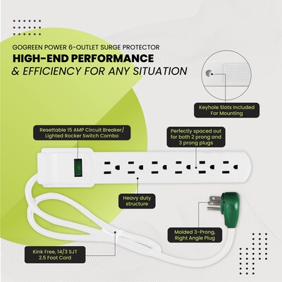 GoGreen Power 6 Outlet Surge Protector, 2.5' Cord, White (GG-16103MS)