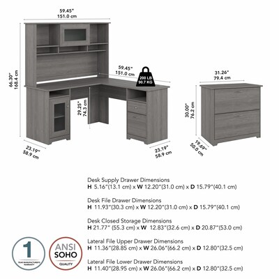 Bush Furniture Cabot 60"W L Shaped Computer Desk with Hutch and Lateral File Cabinet, Modern Gray (CAB005MG)