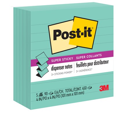 Post-it Super Sticky Notes, 4 x 4, Aqua Wave, Lined, 90 Sheets/Pad, 5 Pads/Pack (R440WASS)