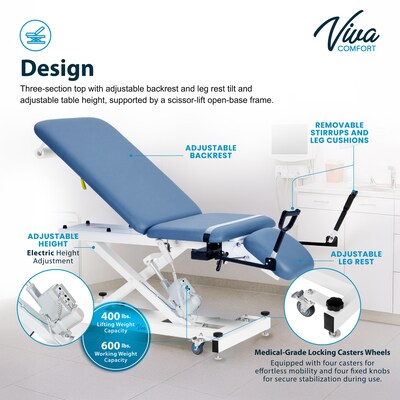 Viva Comfort XRO Electric Height and Back Adjustable Exam Table with Stirrups, 600 lbs Capacity, Blue (ADI903-22-BLU-MK)