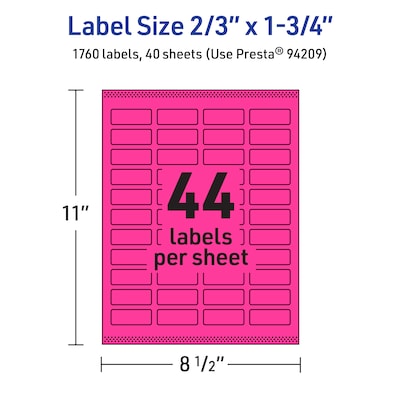 Avery Rectangle Laser/Inkjet Multipurpose Labels, 2/3" x 1-3/4", Neon Magenta (1760/Box)