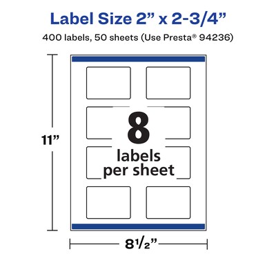 Avery Laser/Inkjet Rectangle Waterproof Multipurpose Labels, 2.75"  x 2", White, 400/Box (94236)