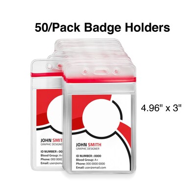 Staples Vertical Sealable ID Badge Holders, 5" x 3", Vinyl, Clear, 50/Pack (51923)