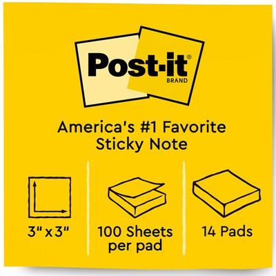Post-it® Notes, 3" x 3", Canary Yellow and Poptimistic Collection, 100 Sheets/Pad, 14 Pads/Pack (654-14YWM)