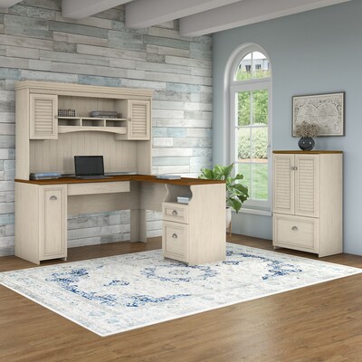 Bush Furniture Fairview 60"W L Shaped Desk with Hutch and Storage Cabinet with File Drawer, Antique White/Tea Maple (FV010AW)