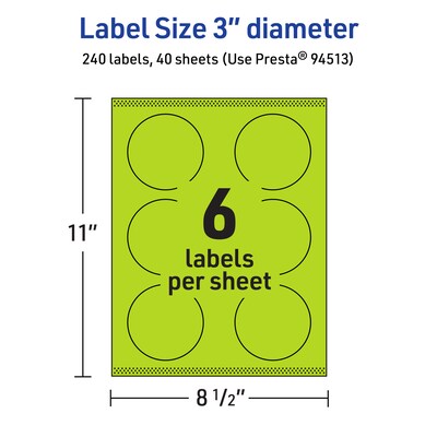 Avery Laser/Inkjet Multipurpose Circle Labels, 3" Dia., Bright Green, 240/Pack (94513)