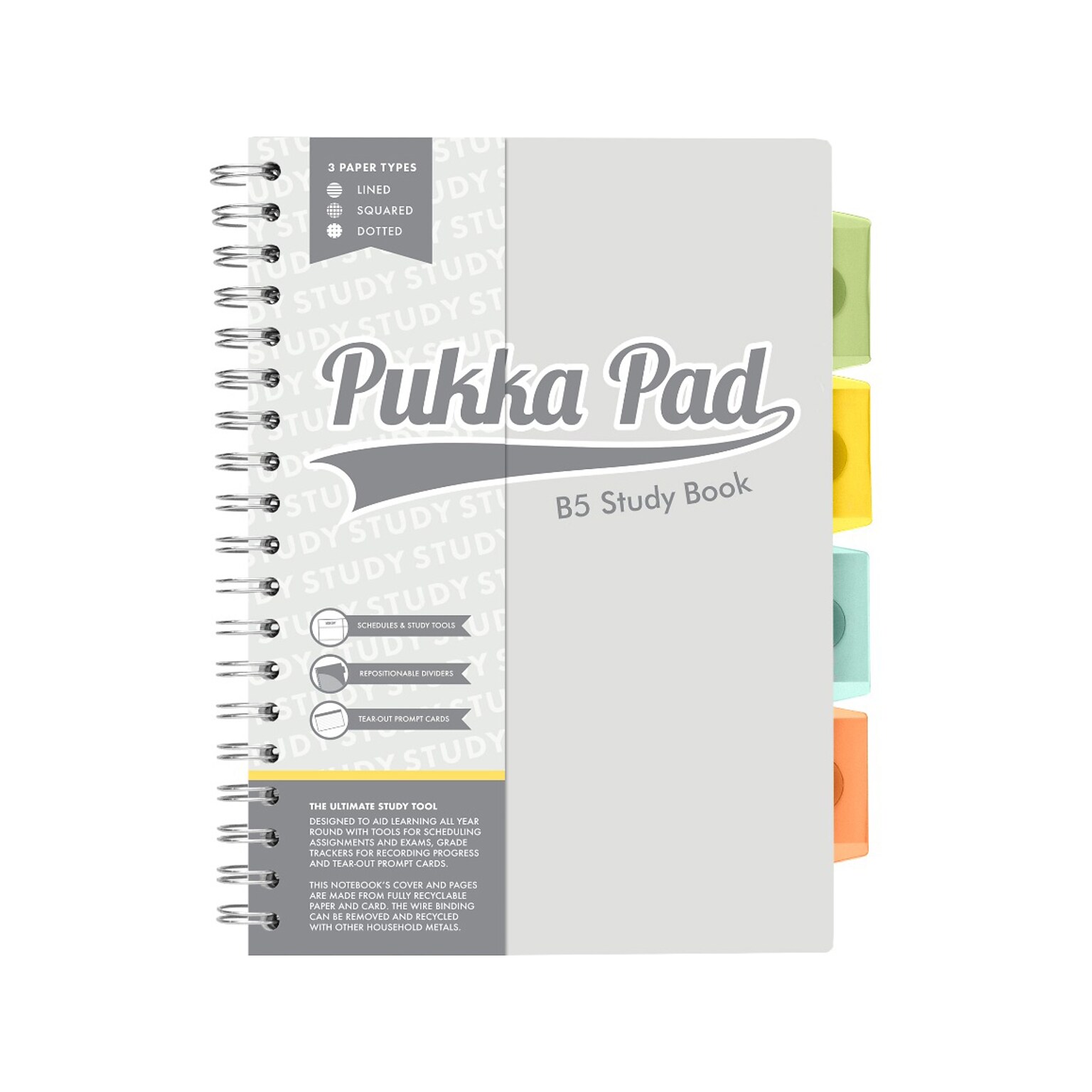Pukka Pad B5 Study Book Customizable Notebook, 7.09 x 9.6, 120 Sheets, Gray/Silver (9824-STU)