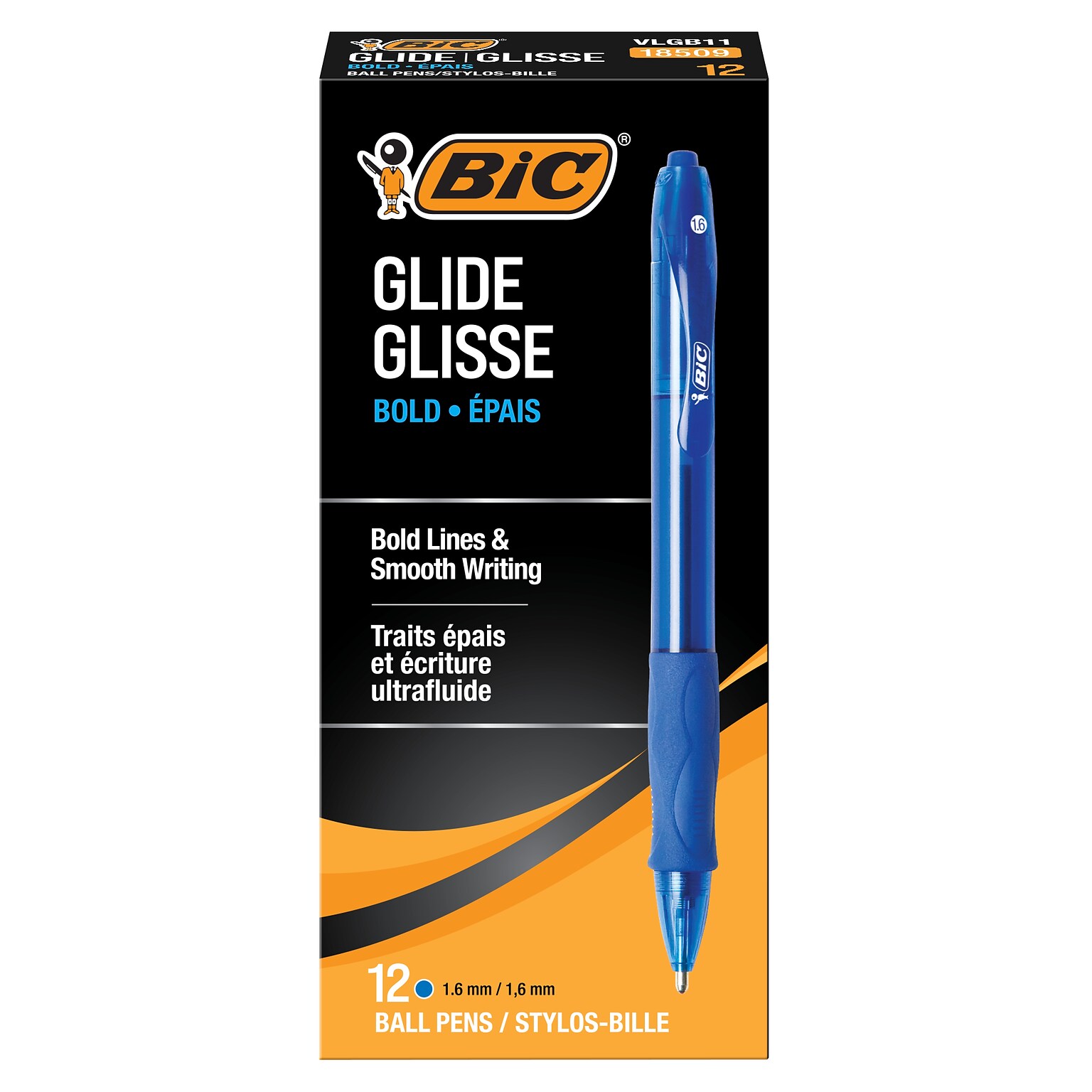 BIC Glide Bold Retractable Ballpoint Pens, Bold Point, 1.6mm, Blue Ink, Dozen (VLGB11-BLU)
