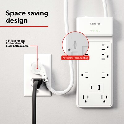 Staples TECH 8-Outlet 2-USB Port Surge Protector, 6', 2100 Joules, White (ST62775)
