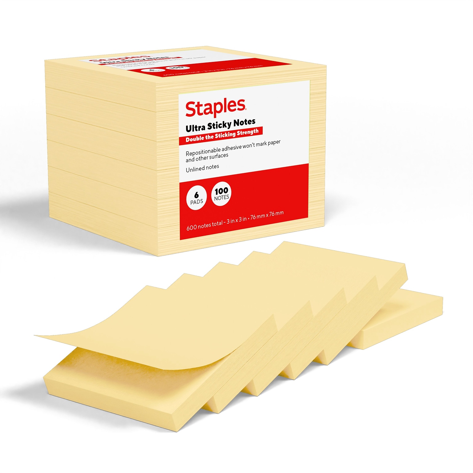 Staples Ultra Sticky Notes, 3 x 3, Sunshine Collection, 100 Sheets/Pad, 6 Pads/Pack (ST62889)