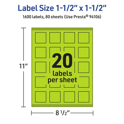 Avery Laser/Inkjet Multipurpose Square Labels, 1.5" x 1.5", Bright Green, 1600/Box (94106)
