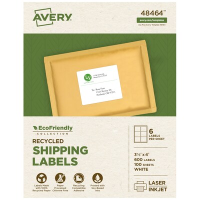 Avery EcoFriendly Laser/Inkjet Shipping Labels, 3-1/3 x 4, White, 600 Labels/Box (48464)