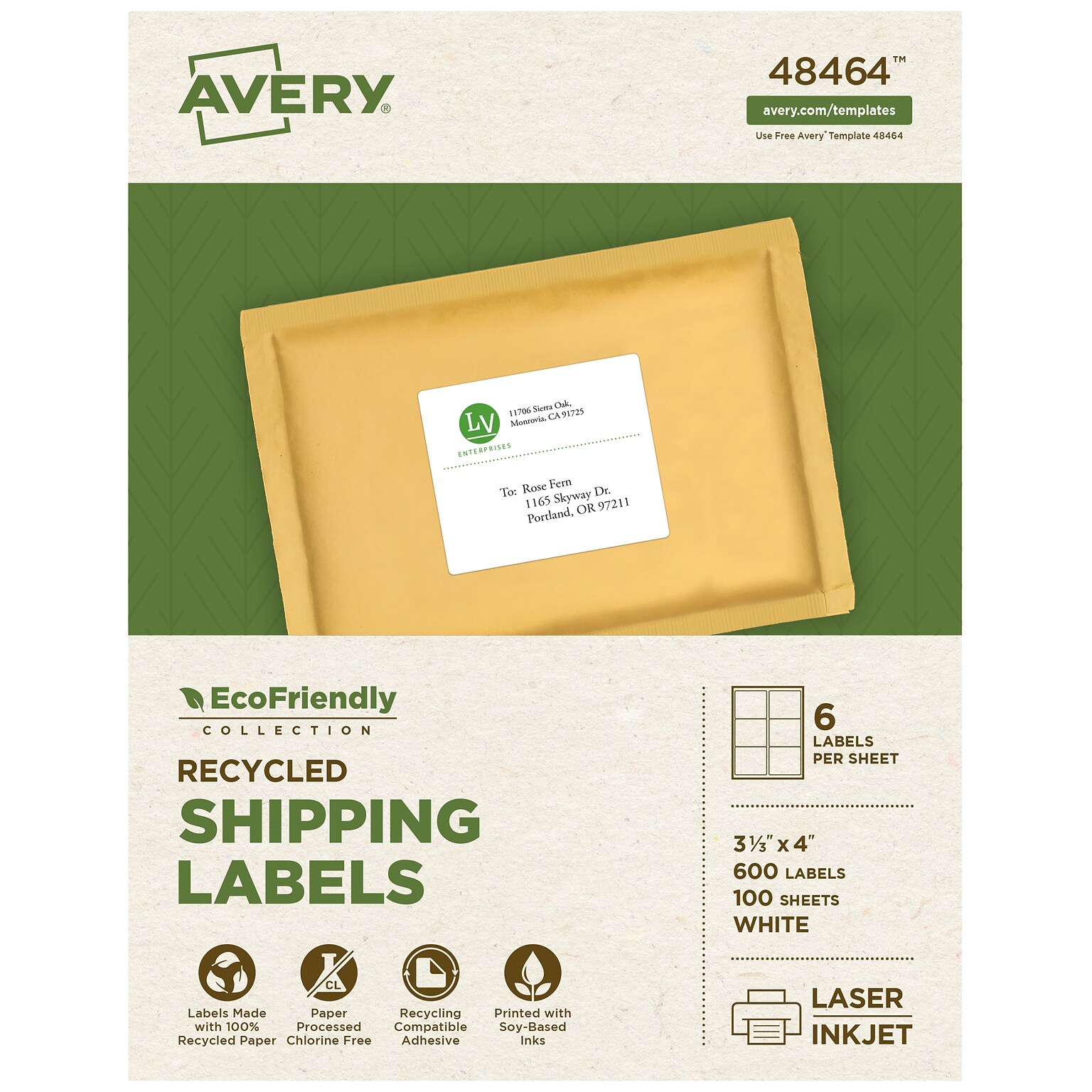 Avery EcoFriendly Laser/Inkjet Shipping Labels, 3-1/3 x 4, White, 600 Labels/Box (48464)