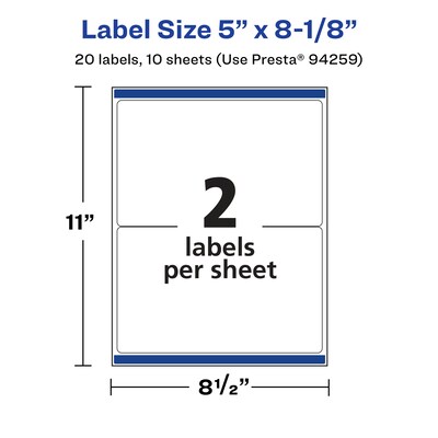Avery Laser/Inkjet Rectangle Waterproof Multipurpose Labels, 8.125"  x 5", White, 20/Pack (94259)