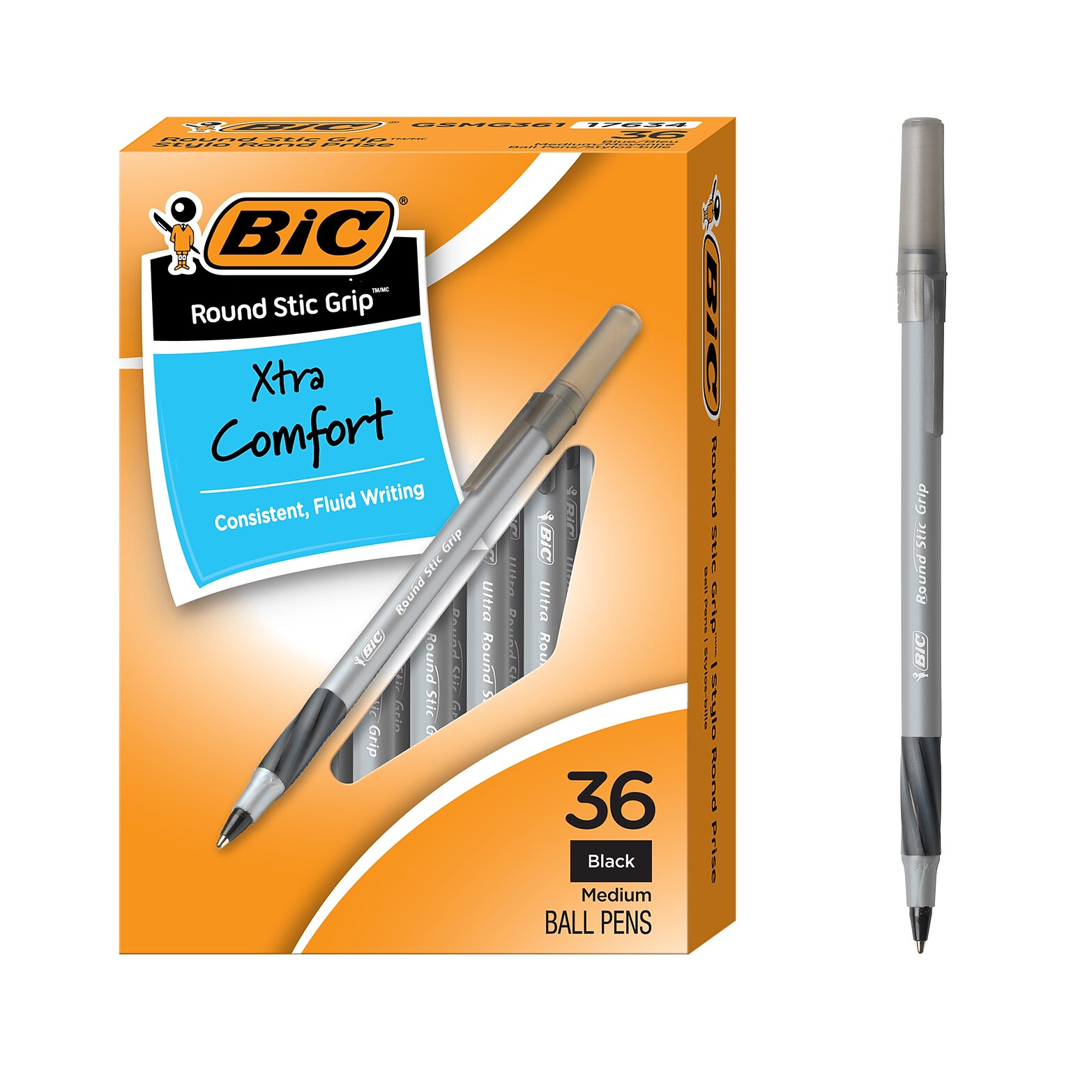 BIC Round Stic Grip Xtra Comfort Ballpoint Pens, Medium Point, Black Ink, 36 Pack (GSMG361BLK)