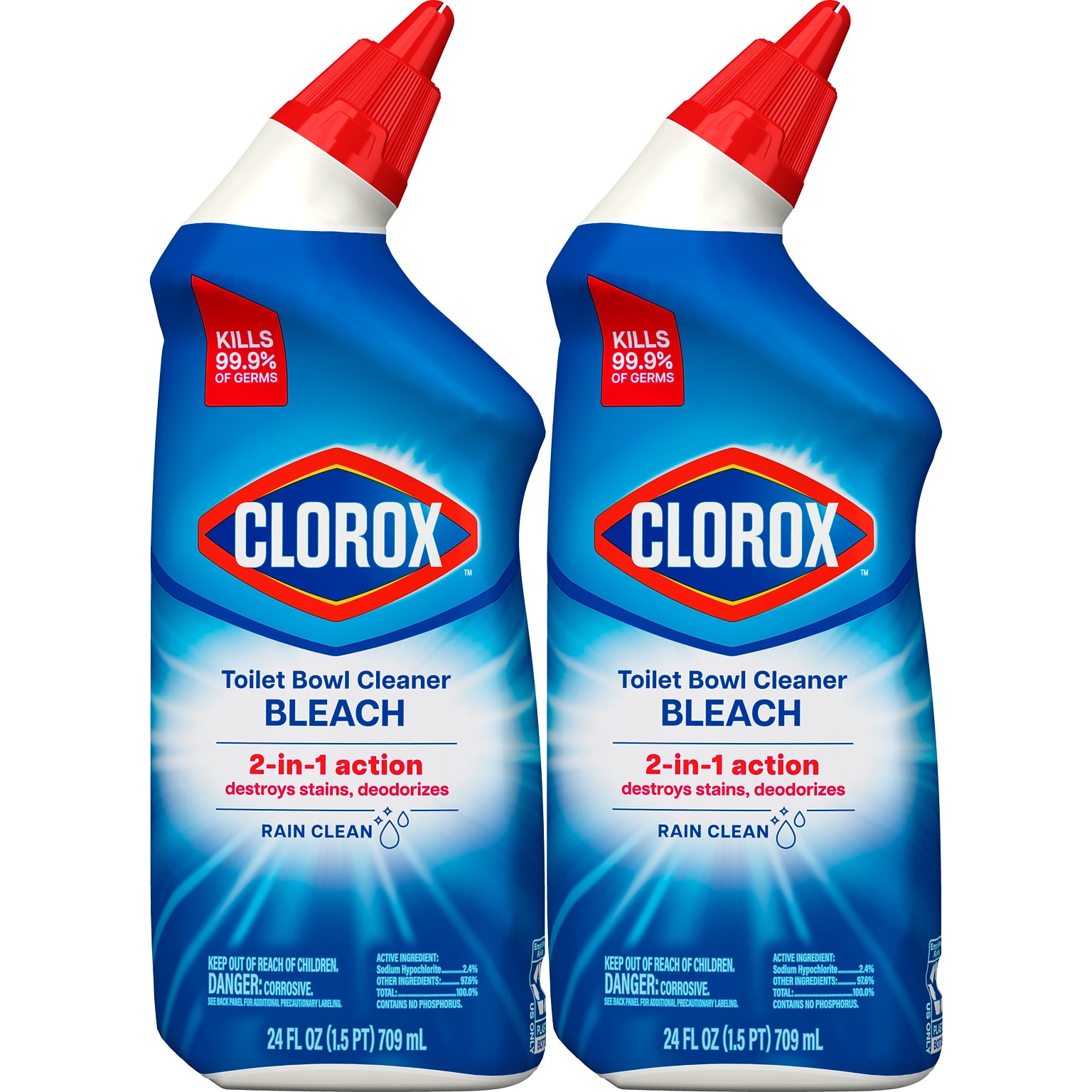 Clorox Disinfecting Toilet Bowl Cleaner with Bleach, Rain Clean Scent, 24 Oz., 2/Pack (00273)