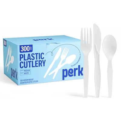 Perk™ Polystyrene Assorted Cutlery, Medium-Weight, White, 300/Pack (PK56406)