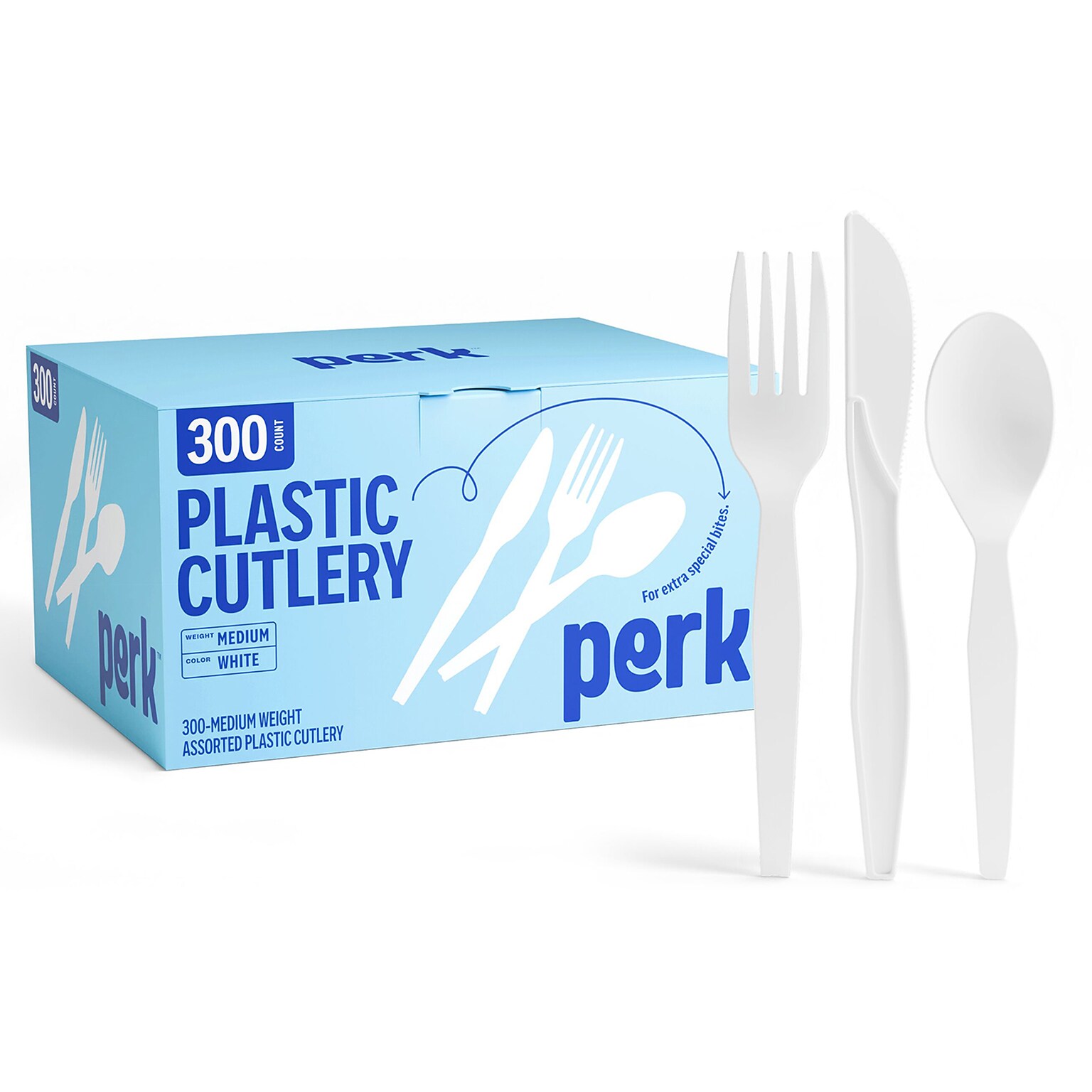 Perk™ Polystyrene Assorted Cutlery, Medium-Weight, White, 300/Pack (PK56406)