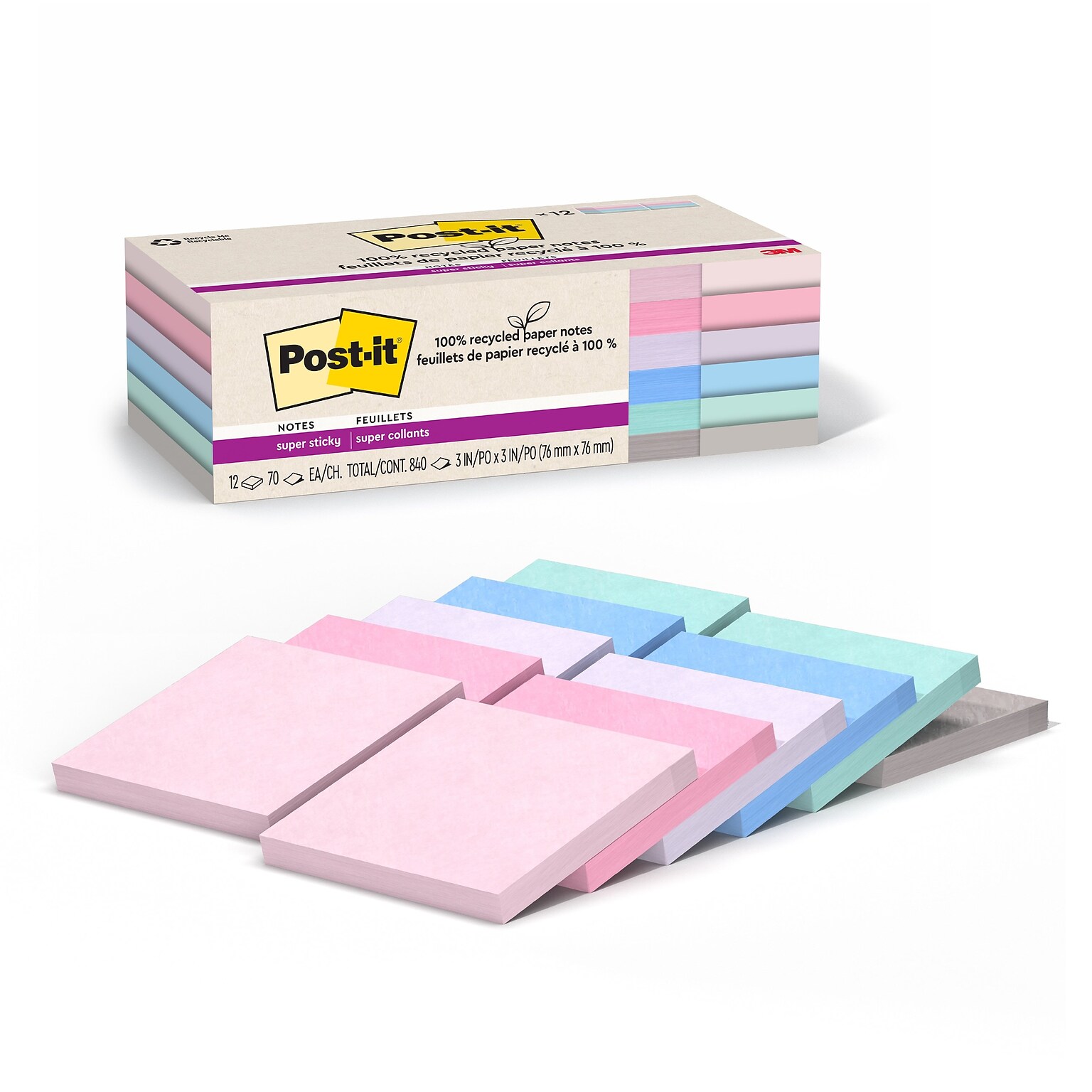 Post-it Recycled Super Sticky Notes, 3 x 3, Wanderlust Pastels Collection, 70 Sheets/Pad, 12 Pads/Pack (654R-12SSNRP)