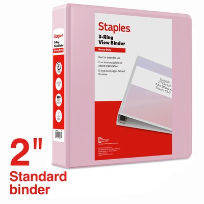 Staples Heavy Duty 2 3-Ring View Binder, D-Ring, Light Pink (ST63095)
