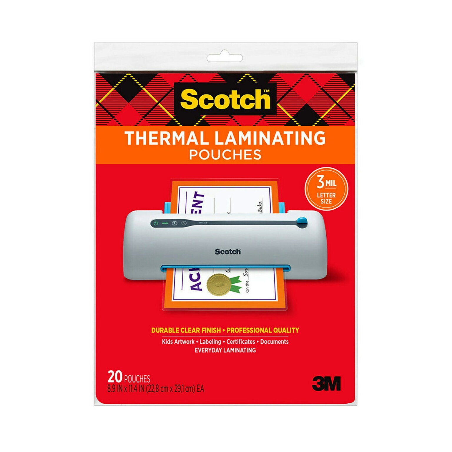 Scotch® Thermal Laminating Pouches, Letter Size, 3 Mil, 20/Pack (TP3854-20)