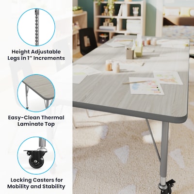 Flash Furniture Wren Rectangular Activity Table, 72" x 30", Height Adjustable, Light Gray Top/Silver Frame (XUA3072RECLGTPC)
