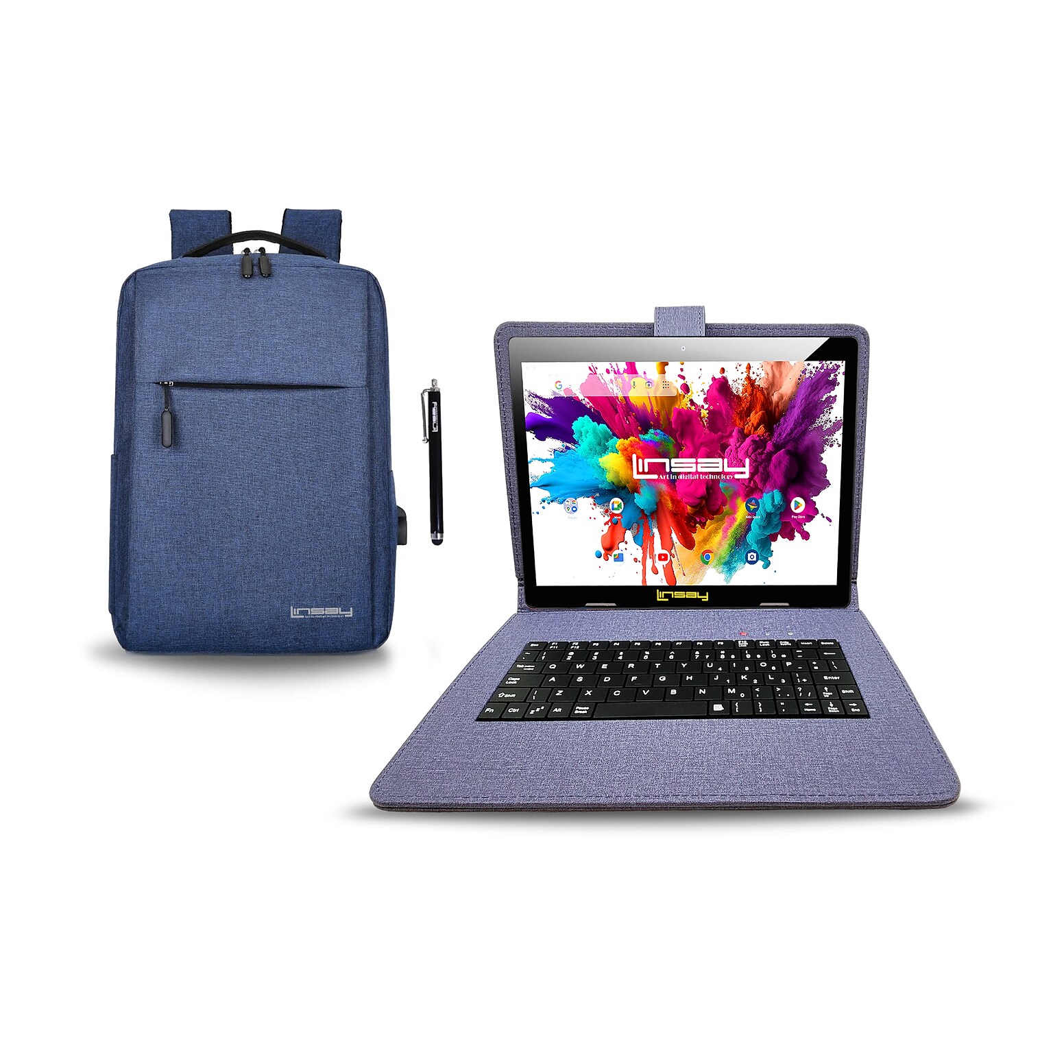 LINSAY 10.1 OCTA CORE Android 13 Tablet Bundle with Keyboard Case Backpack and Pen, 128GB, Blue (F10XIPGCLOBLUBA)