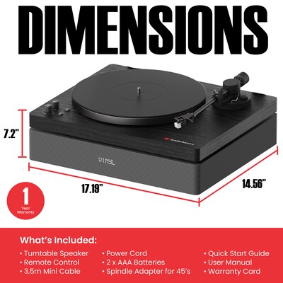 Audiosource AT33 Belt Drive turntable with 2.1 channel 120 watt Bluetooth Speakers, Black Woodgrain (AT3345BW)