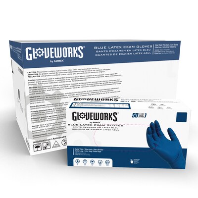 GloveWorks Powder Free Latex Food Safe Exam Gloves, Large, Blue, 50 Gloves/Box (GPLHD86100)