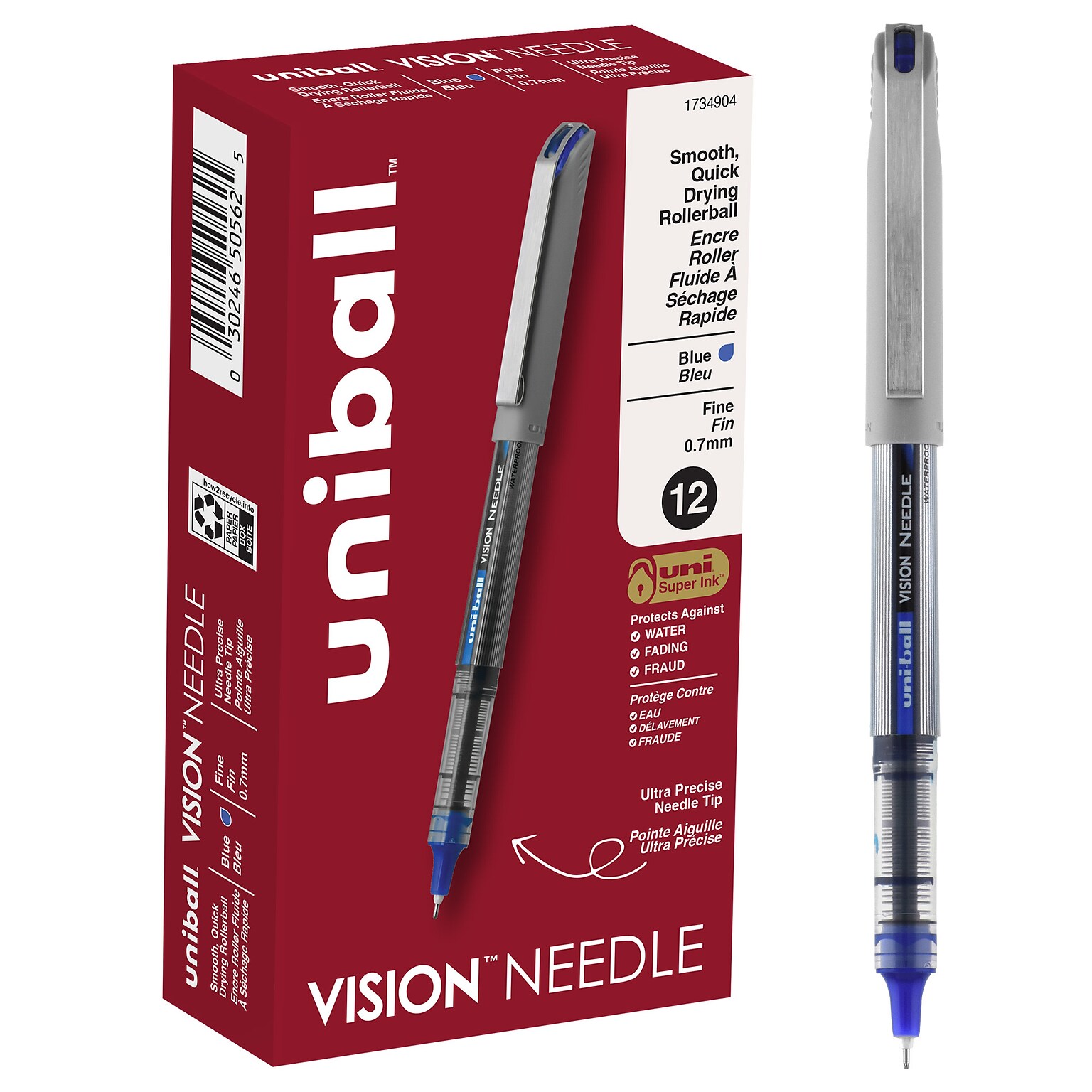 uni-ball Vision Needle Rollerball Pens, Fine Point, 0.7mm, Blue Ink, Dozen (1734904)