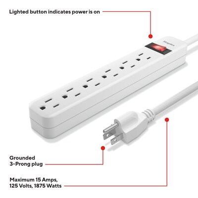 Staples TECH 6-Outlet Power Strip, 3' Cord, White (22147)