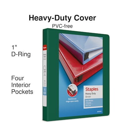 Staples® Heavy Duty 1 3 Ring View Binder with D-Rings, Dark Green (ST56309-CC)