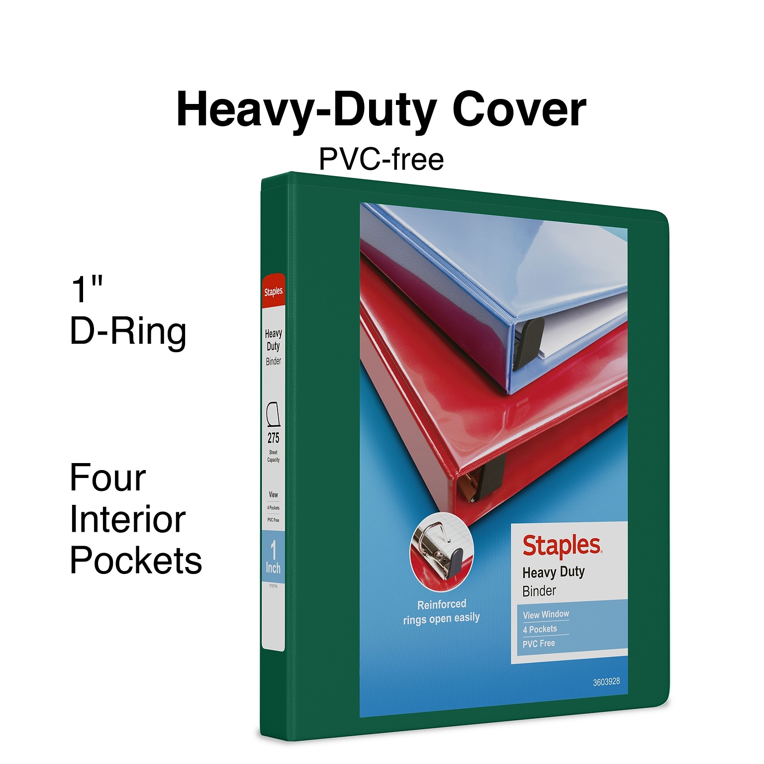 Staples® Heavy Duty 1 3 Ring View Binder with D-Rings, Dark Green (ST56309-CC)