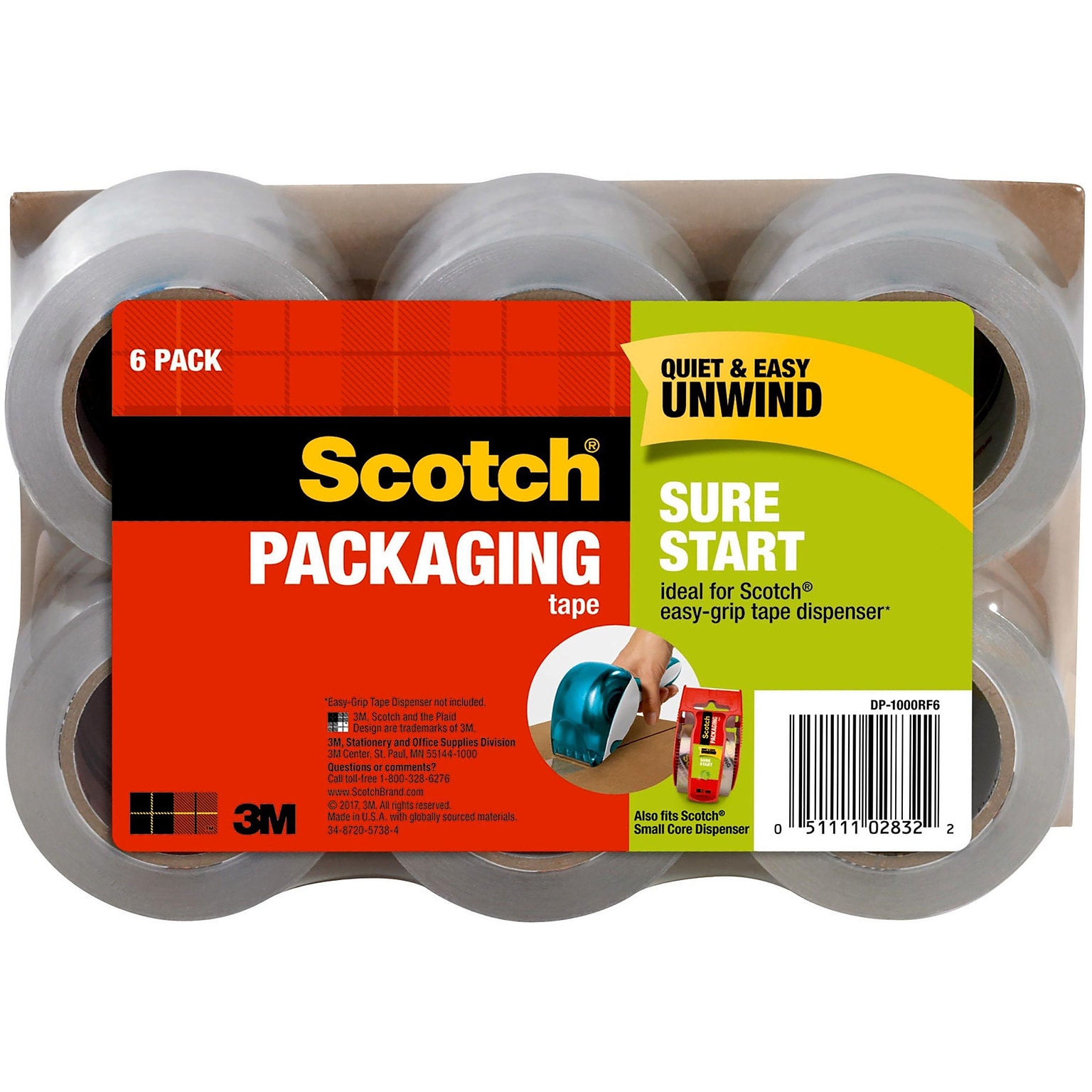 Scotch Sure Start Packing Tape, 1.88 x 25 yds., Clear, 6/Pack (DP1000RF6)