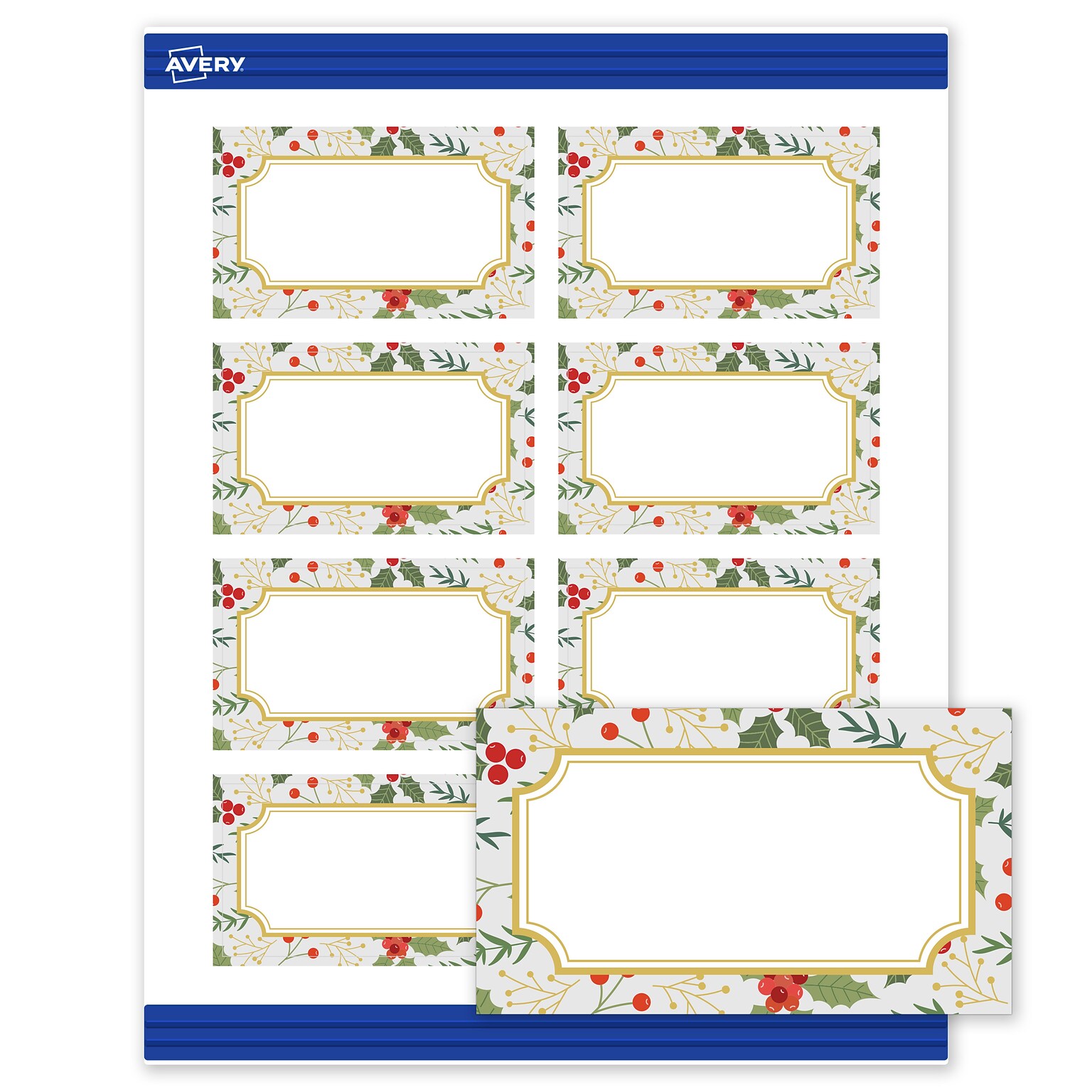 Avery Gold-Blue Border Berries Matte Blank Card, White, 80/Pack (S00-FE7)