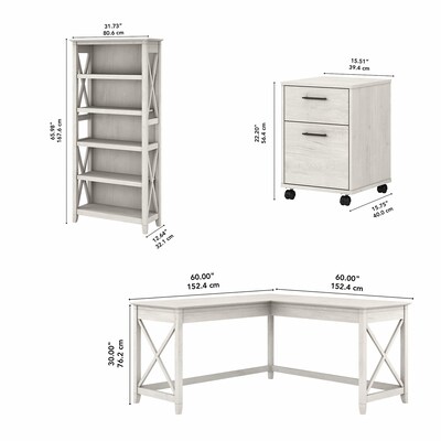 Bush Furniture Key West 60"W L Shaped Desk with 2 Drawer Mobile File Cabinet and 5 Shelf Bookcase, Linen White Oak (KWS016LW)