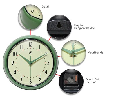 Infinity Instruments Round Retro Wall Clock, Aluminum, 9.5" (10940-GREEN)