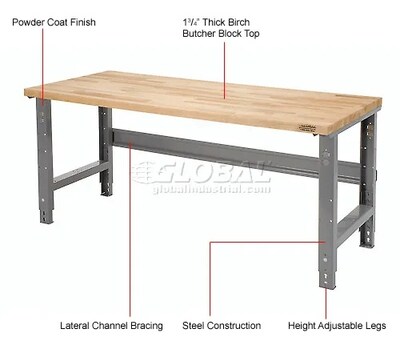 Global Industrial Height Adjustable Workbench, 72"W x 30"D, Birch Square Edge, Gray (318913GY)