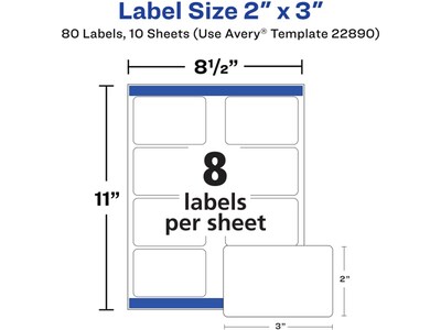 Avery Laser/Inkjet Multipurpose Label, 2 x 3, Glossy White, 8 Labels/Sheet, 10 Sheets/Pack (22890)