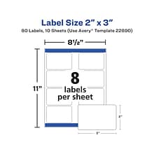 Avery Laser/Inkjet Multipurpose Label, 2 x 3, Glossy White, 8 Labels/Sheet, 10 Sheets/Pack (22890)