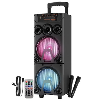 Audiobox Wireless Bluetooth Party Speaker with Dual 8-In. Woofers, Lights, Wireless Mics, WaveSync & Remote, Black (ABX-8080R)
