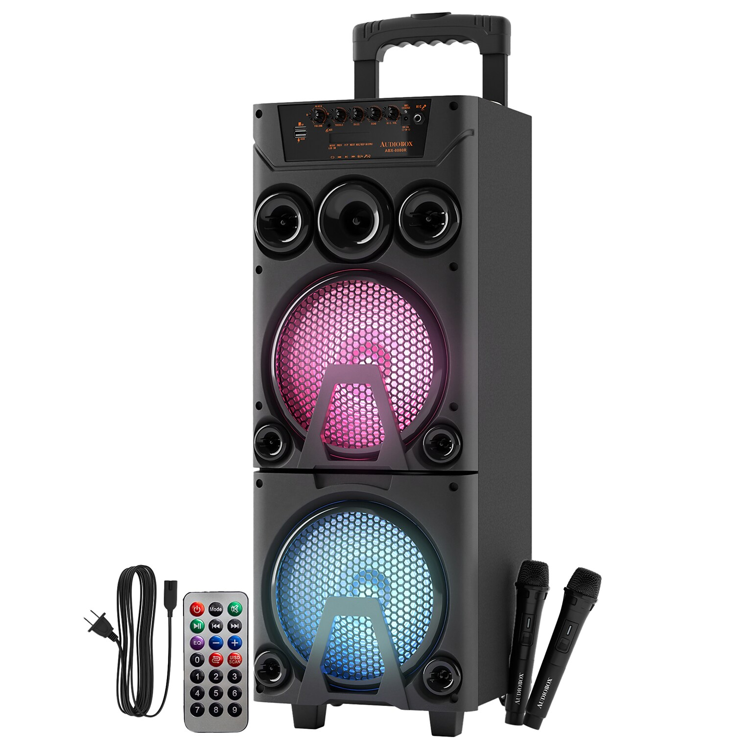 Audiobox Wireless Bluetooth Party Speaker with Dual 8-In. Woofers, Lights, Wireless Mics, WaveSync & Remote, Black (ABX-8080R)