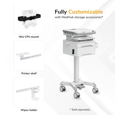 Mount-It! MedHub Height-Adjustable Medical Cart with 2 Lockable Drawers, Power Strip and Locking Casters, White/Grey (MI-16037)